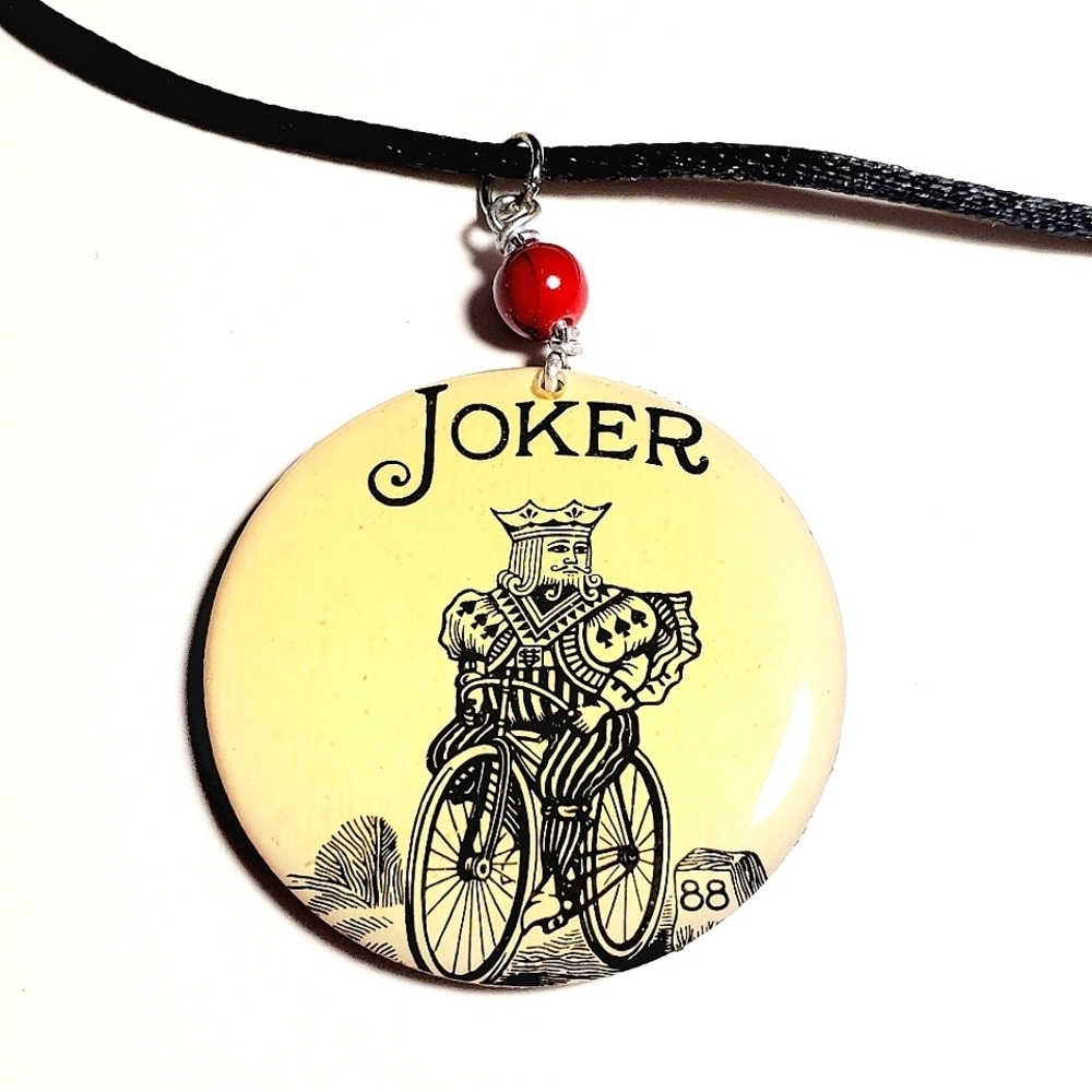 Joker Playing Card Pendant Necklace with Red Bead Double Sided 18" L EUC